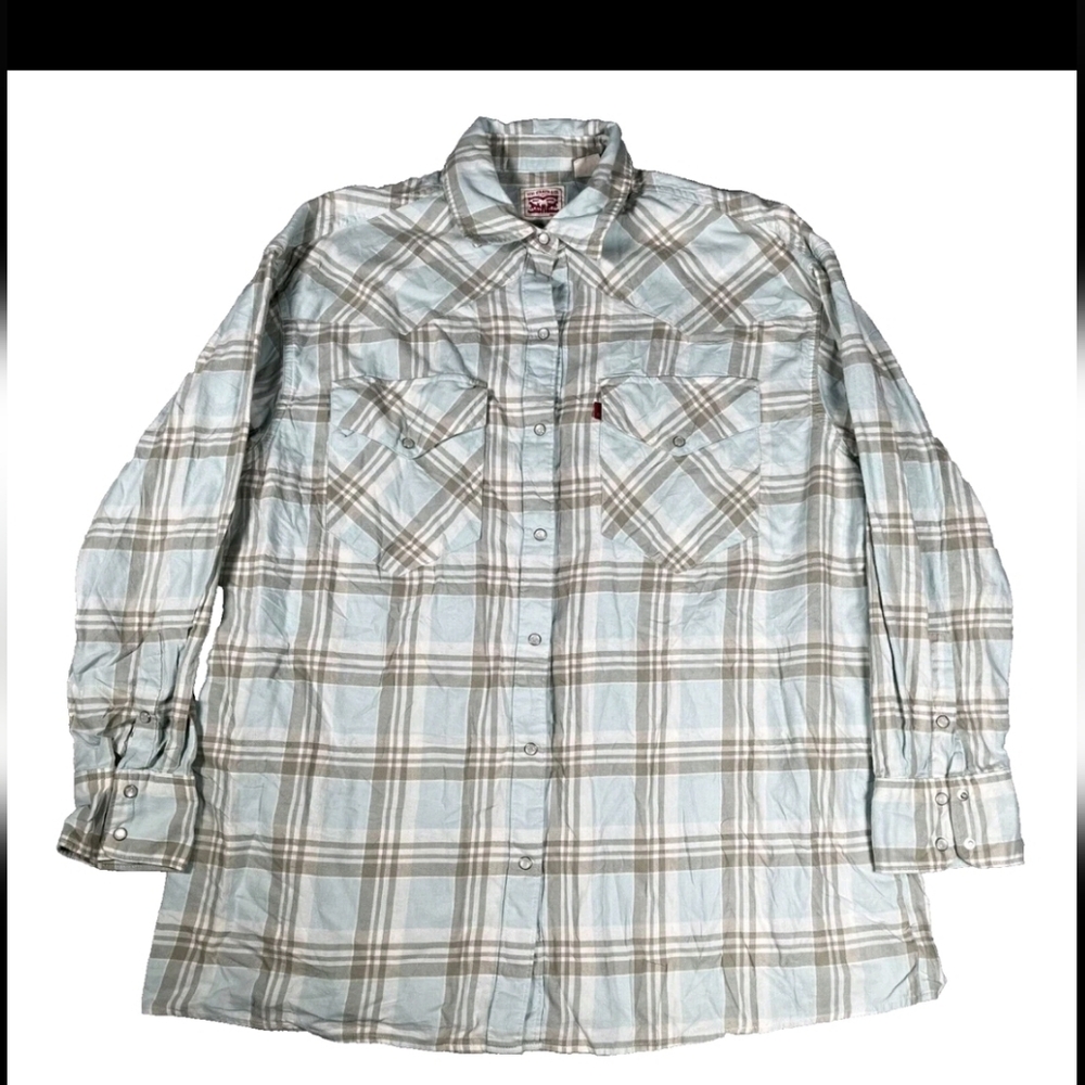 Levi's Light Blue and Tan Plaid Button-Down Shirt
